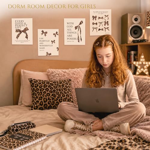 Image of LARTSFRO Coquette Leopard Bow Wall Art Decor Posters, Y2K Cheetah Print Room Decor Aesthetic Bible Verses Inspirational Wall Art for Teen Girls Bedroom Dorm Bathroom, 10x8 Inch Set of 4 Pcs Cheetah Bow Pictures (UNFRAMED)