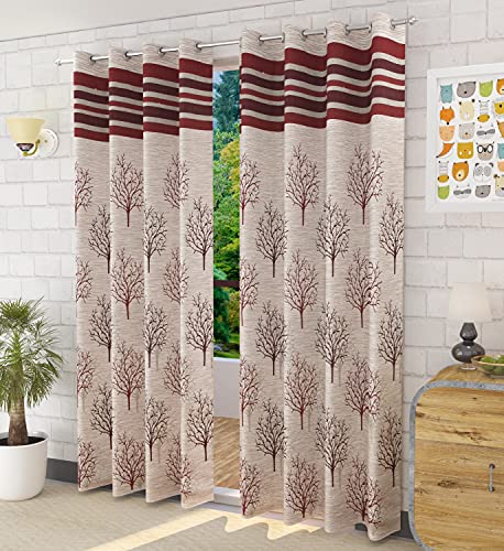 Image of HOME UTSAV 2 Piece Jute Semi Sheer Blackout Floral Heavy Jacquard Tree Curtains for Window 5 Feet, Maroon