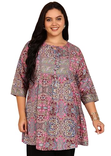 Image of Yash Gallery Women's Polyester Relaxed Fit Short Floral Placet 3 /4 Sleeve and Keyhole Neck Printed Kurti