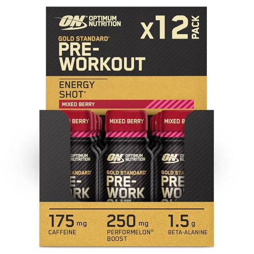 Optimum Nutrition Gold Standard Impulso de Energía Pre Entrenamiento, Complemento Alimenticio Listo para Beber con Beta Alanina, Cafeína, PerforMelon Boost, Sabor Bayas Mixtas, Paquete de 12, 12x60 ml