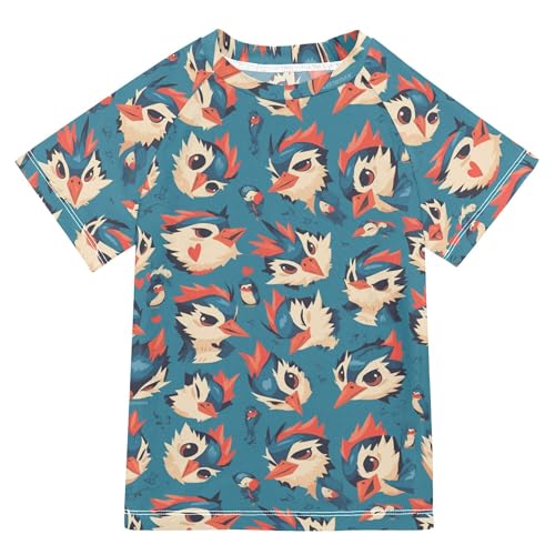 Wudan Cartoon Woodpecker Blue Girl Bathing Suit UV Protection Girl Rash Guard Swimwears Youth Sports Tshirts for Teen Boys 11-12Y