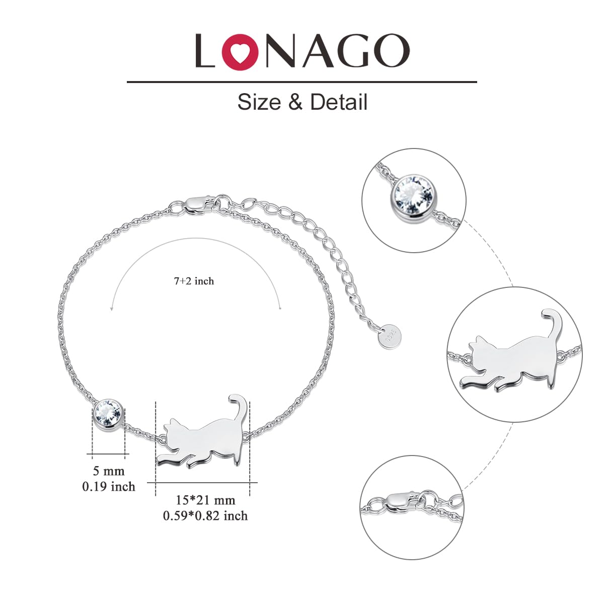 LONAGO Pulsera Gato Plata de Ley 925 Linda Gato con Pulsera de Piedra Lunar Joyas para Mujeres