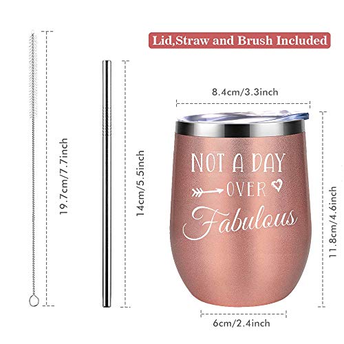 Not a Day Over Fabulous -12Oz Wine Tumbler Set Birthday Gifts for Women - Funny Mothers Day Wine Gifts for Mom, Wife, Her, Daughters, Aunts, Sister, Best Friends, BFF, Girlfriend, Coworkers(Rose Gold)