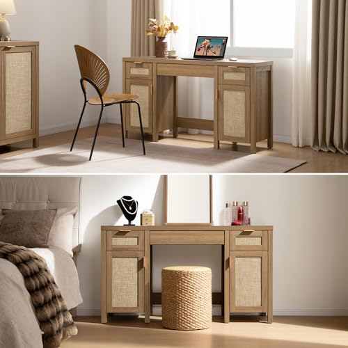 Image of SICOTAS Rattan Vanity Home Office Desk 52 inch Vanity Table with 3 Drawers | Farmhouse Boho Makeup Vanity Dressing Table with Large Storage, Vanities Desk for Makeup Room, Bedroom, Office