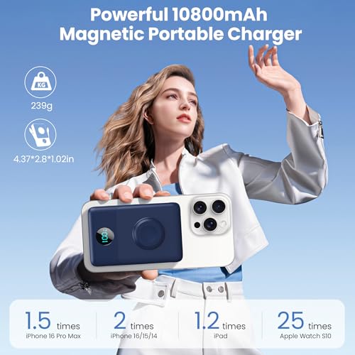 Image of APHUWJ Magnetic Portable Charger for iPhone with Built-in Cables, 10800mAh 25W PD Fast Charging Power Bank, 6 Outputs Battery Pack for iPhone 17 /16 /15 /14 /13 /12,Apple Watch Travel Essential (Blue)