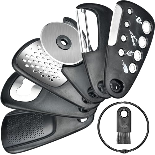 ALFFREUDE Gadgets de Cocina Portátiles 6 en 1, Utensilios de Cocina con Pelador, Abridor de Botellas, Cortador Pizza, Rallador Cocina, Corte de vainilla, Prensa Ajos para Cocina Viajar Camping
