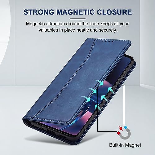 Image of Jasonyu Flip Wallet Case for Motorola Edge (2022) Moto,Leather Magnetic Folio Cover with Card Holder,Kickstand - TPU Shockproof Durable Protective Phone Case,Blue
