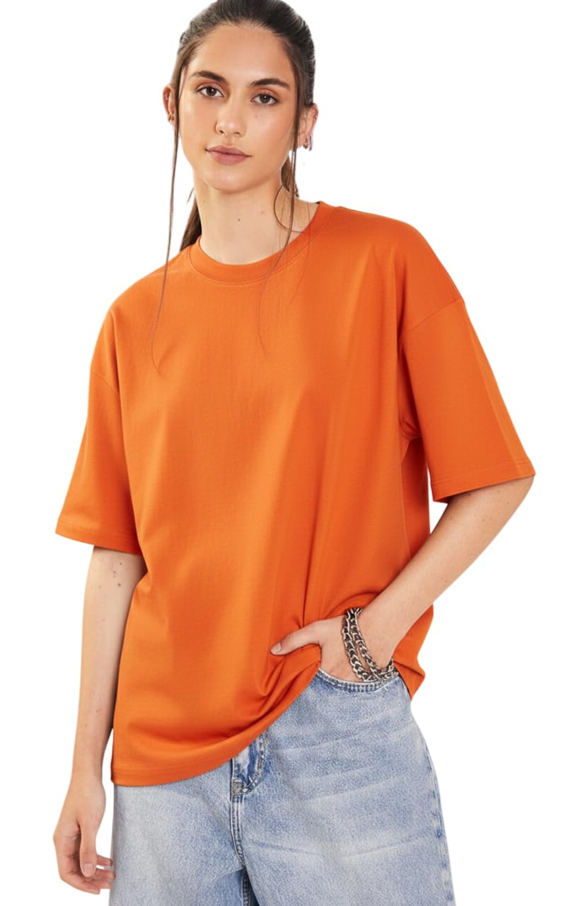 Ketch Women's Cotton Blend Half Sleeve Solid Oversized T-Shirt in neutral