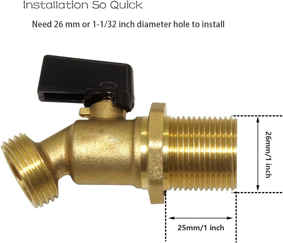 Hooshing 2PCS Brass Rain Barrel Spigot Water Container, 1 Inch O.D. Inlet to 3/4" GHT Outlet with Quarter Turn Ball Valve Bulkhead Fitting for Outdoor Plastic Bucket Water Tanks