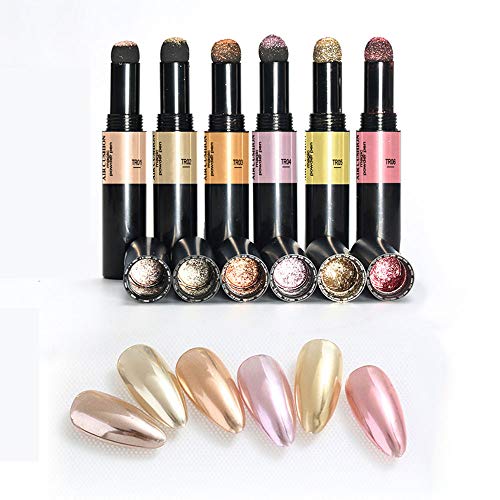 DAGEDA Chrome Air Cushion Nail Powder Pen 6 Color Set-Holographic Nails Powder with Unicorn Mirror Effect, Multi-Chrome Nail Art DIY Nail Decoration Sponge Stick and Chrome Nail Powder All-in-one