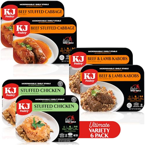 KJ Poultry Kosher Ready Meals - (6 Pack Ultimate Variety - Beef &amp; Chicken) Prepared Entree Fully Cooked, Shelf Stable Microwave Dinner Travel Military Camping Emergency Survival Protein