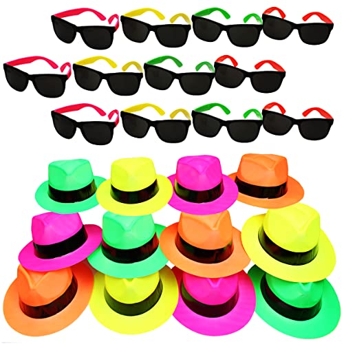 Funny Party Hats Neon Party Supplies - Fedora Neon Party Hats with Party Sunglasses - Gangster Party - 24 Pc Set
