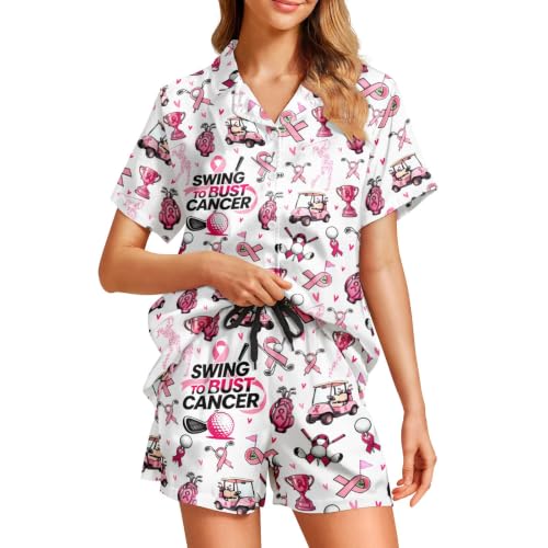 Image of Funny Satin Pajamas Set for Women Button Down Sleepwear Print Pjs Set 2 Piece Short Sleeve Loungewear Gift for Women