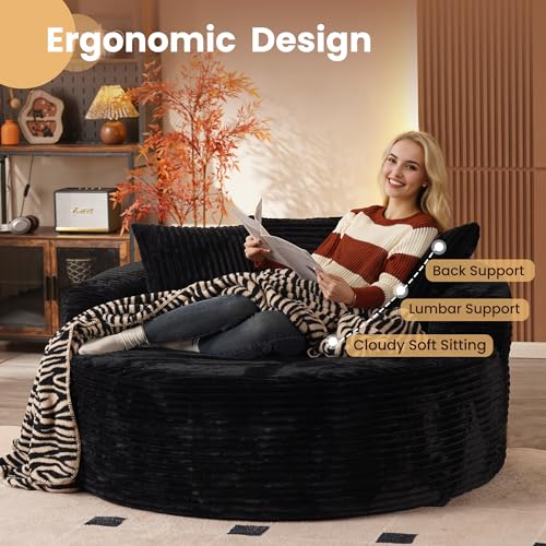 Image of HOOOWOOO Cloud Round Couch for Living Room,Oversized Single Sofa No Assembly,Matching Plush Corduroy Chaise Lounge Accent Chair for 1 to 2 Persons(Black)