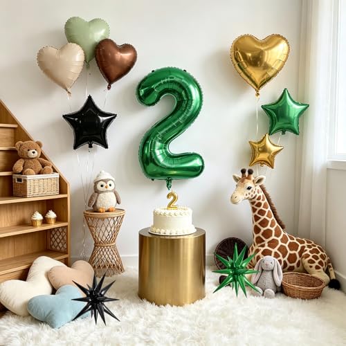 Image of TONIFUL 2nd Birthday Balloons 40 Inch Green Large Number 2 Foil Balloon 18 Inch Helium Mylar Heart Star Shaped Ballons for Boys Men Birthday Anniversary Graduation New Year Eve Party Decoration