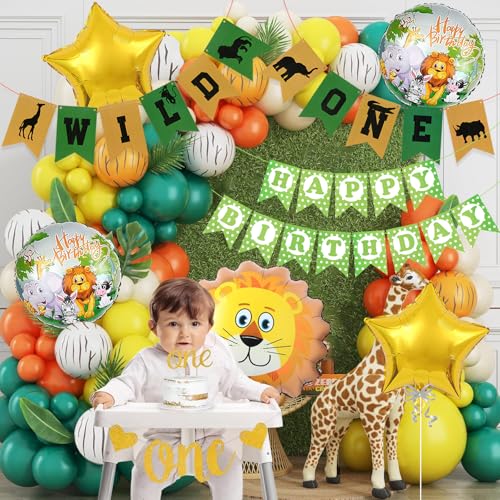 Image of Rozi Decoration Safari Theme First Birthday Party Decorations Set, 57 Pieces with Wild One Banner, Balloons, Jungle Animal Design, Green and Gold