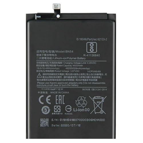BATERIA Interna BN54 para XIAOMI REDMI 9 Note 9 10X 4G 4920 mAh Capacidad Repuesto