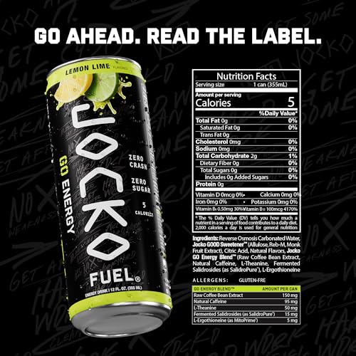 Image of Jocko Fuel GO Energy Drinks, Lemon Lime - 95mg Caffeine with Added Adaptogens, Vitamin B12 & B6, & L Theanine for Mood & Focus Support, No Sugar, 12 Pack - Packaging May Vary