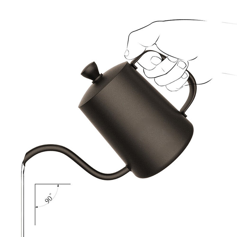 600ML Nero Teflon Rivestimento 5mm Stretto Becco Drip Bollitore con Coperchio per Caffè Servizio Drip Pot in Acciaio Inox Bollitore de te per Caffè Manuale