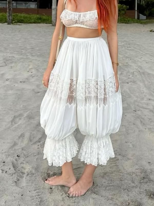 Women Lace Trim Long Bloomers Y2k Ruffled Pantaloons Mid Rise Elastic Wasit Pumpkin Cropped Pajama Pants Slip3