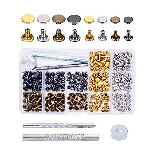 Cemobile 240 Sets Leather Rivets Kit, Double Cap Rivet Tubular Metal Studs with Fixing Tools and Storage Box for DIY Craft/Clothes/Shoes/Bags/Belts Repair and Decoration, 2 Sizes 4 Colors