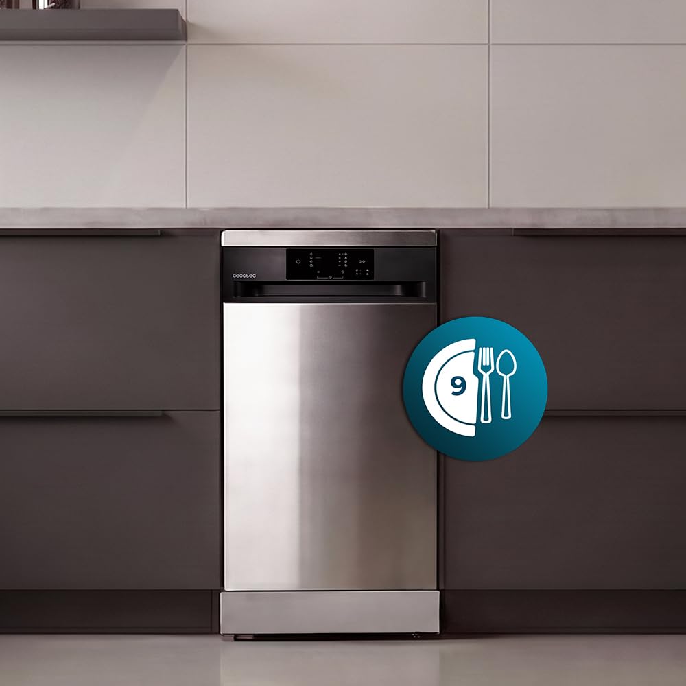 Cecotec Lavastoviglie Libera Installazione 45 cm Bolero Aguazero 4350 Inox. 9 Coperti, 4 Programmi, Classe D, Inverter Plus Duo, Pannello Touch, AutoClean, Delay Start, Cestello Posate, Inox