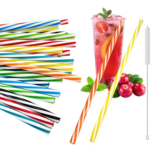 Wanheart 50pcs Reusable Plastic Straws Straws Drinking Plastic with Cleaning Brush Dishwasher Safe Reusable Straws for Smoothies Juice Cocktail Hot Drink