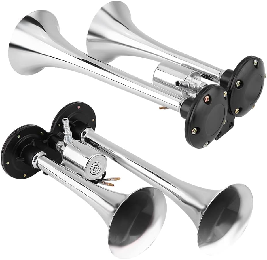 Estink Dual Trumpet Air Horn for Trucks & Boats, 12V/24V 150dB Super Loud Electric Air Horn Kit with Flat Mounting Base