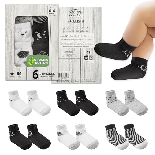 Image of Mother's Choice Organic Cotton Baby Socks 0-6 Months - 06 pairs Unisex, Infant Black Socks, Soft Ankle Girls & Boys, Cozy Newborn Socks and Baby Gift Slipper Sock, Ideal In Daily Handling