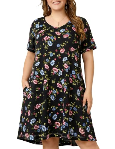 Image of OVERWORETY Womens Short Sleeve Plus Size T-Shirt Dress V Neck Casual Loose Swing A-Line Summer Tunic Dresses with Pockets