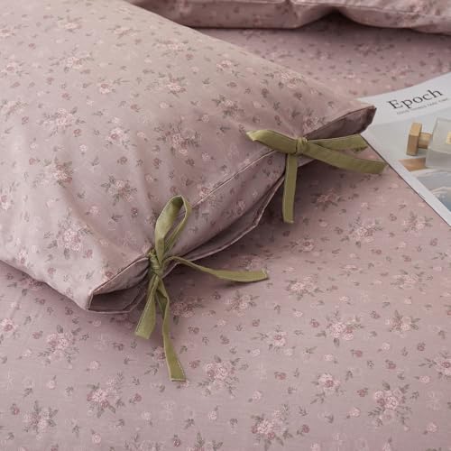 Image of Purple Floral Comforter Set Queen, 3 Pieces Cottagecore Aesthetic Cute Flowers Comforter Set for All Seasons, Coquette Floral Mauve Bedding Vintage Botanical Comforter with 2 Bow Ties Pillowcases