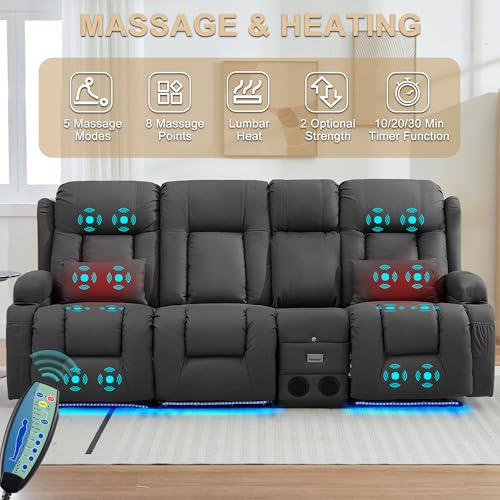 Image of URRED Power Loveseat Recliner Sofa with Massage and Heat, Wall Hugger Reclining Loveseat with Console, RV Couch Home Theater Seating with LED Lights for Living Room (Gray, 89.8 inch - 3 Seats)