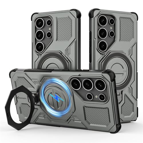Image of KARWAN Tough Shockproof Armor Back Case Cover Compatible with Samsung Galaxy S25 Ultra with 360 Degree Rotation Magnetic Attraction Ring Holder Heavy Duty Cover with MagEaze Wireless Charging (Grey)