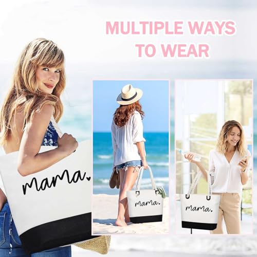 Image of GhvyenntteS Mama Bag, Mama Tote Bag with Zipper, Birthday Gifts for Women Mom Grandma, New Mom Gifts for Hospital, Shopping, Beach, Travel, Black