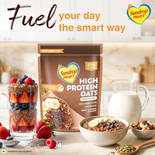 Image of Sundrop Heart High Protein Oats| 27g Protein| Zero Added Sugar| Whey Protein Added| 12.6g Fibre| 500g| Chocolate| Added Seeds, Almonds & Raisins