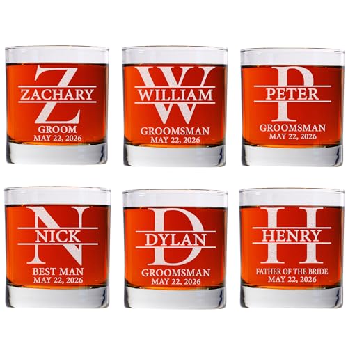 Set Of 6, Personalized Whiskey Glass For Groomsman Gifts, Best Man, Groom, 11oz Old Fashioned Custom Monogrammed Whiskey Glass