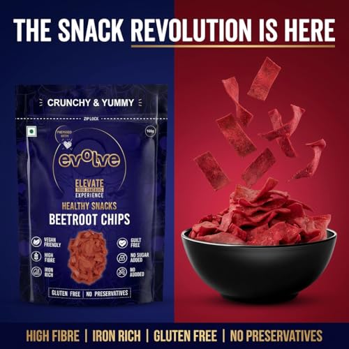 Image of Evolve Healthy Baked Beetroot Chips Snacks for Kids, Adults | Gluten Free, Low Calorie, Vegan | No Additives, Crunchy Spicy Snack- 100g Pack of 4