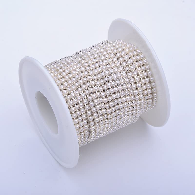 ACiyD SS6 2mm SS12 3mm SS16 4mm Nähen Weiße Perle Strass Band Kette Gold Silber Metallbesatz Perle Applikation Strass Band-Gold Basis,SS12 10 Yards (Silver Base SS12 10 Yards)
