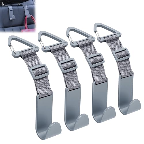 Image of Amooca 4 Pack Anti-drop Headrest Hooks Adjustable Car Seat Organizer | Universal Fit with Clip, Hanger for Backpack Umbrella Water Bottle Coat Purses Handbags Groceries, 40lb Heavy Duty, Gray