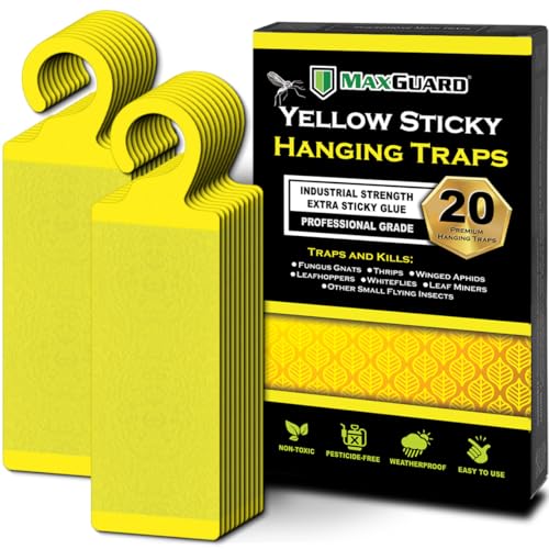 MaxGuard (20 Pack) Yellow Sticky Hanging Traps - Catch and Kill Fungus Gnats, Whiteflies, Mosquitos, Aphids, Leaf Miners, Flying Insect Catcher Glue Trappers for Indoor or Outdoor