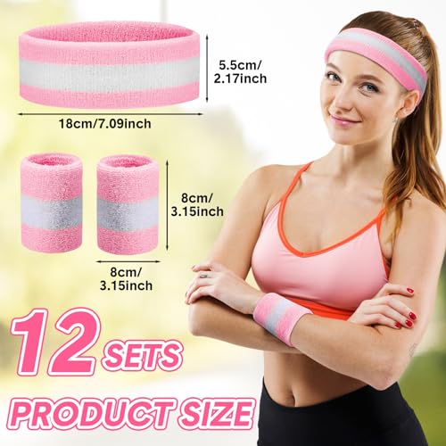 Image of Eurzom 36 Pcs Neon Sports Sweatbands Set Include 12 Striped Sweat Absorbing Headbands 24 Wristbands Athletic for Men Women Basketball Tennis Running Glow Party