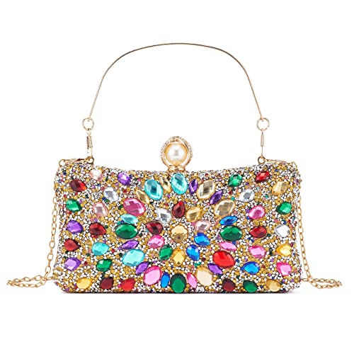 Weimzc Women Pearl Clasp Crystal Clutch Purses Lady Evening Handbag Glitter Rhinestone Purse Wedding Party Prom Clutch Bag(Colored Gold) #TOP9