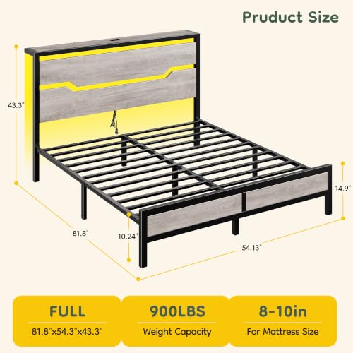 Image of Homkdom Full Size Bed Frame with LED Storage Headboard & USB Ports Grey | Underbed Storage for Saving Space, Noise-Free Quiet Sleep Setup for Teens Room, College Dorms & Small Studio Apartments