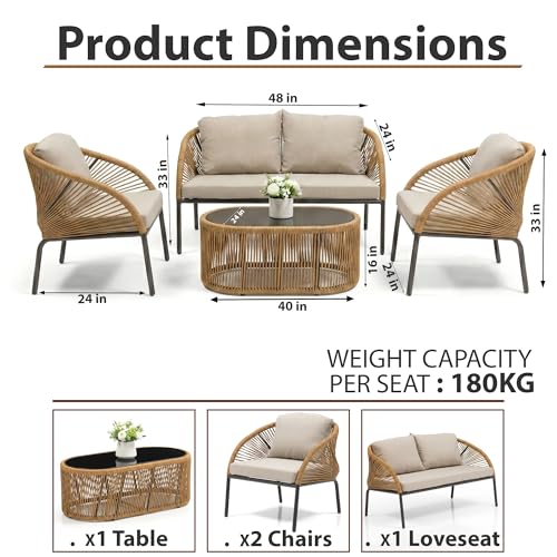 Image of Amazon Brand - Solimo Solix Outdoor Rope Sofa Set | Balcony Sofa | Patio Conversation Sets | Braided Rope Garden Sofa Set and Center Table (4 Seater- Light Brown)