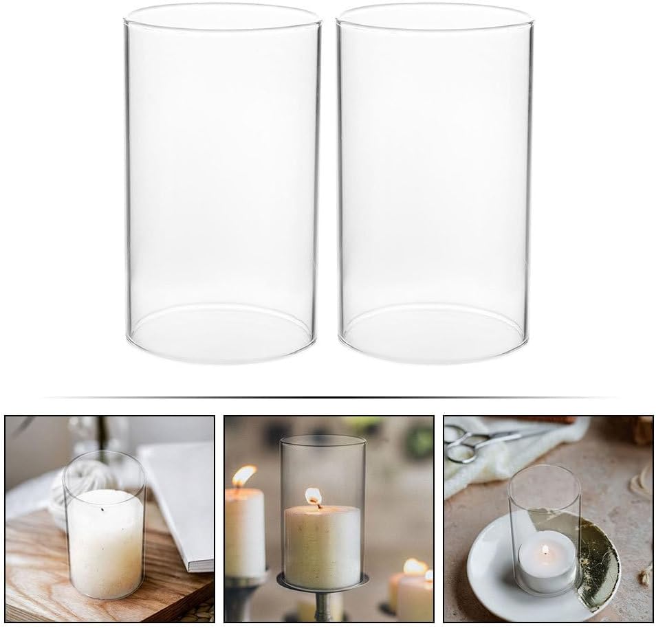 2pcs Cylinder Pillar Candle Holder - Clear Glass Hurricane Candle Holder - Decorative Chimney Cover for Christmas Table Centerpieces Wedding Party Event Decoration