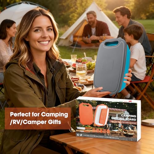 Image of Gintan Collapsible Camping Cutting Board, 9-in-1 Chopping Board with Colander, Kitchen Vegetable Washing Basket for Camping, Camping Gifts Camping Accessories for RV Campers (Blue+Grey)