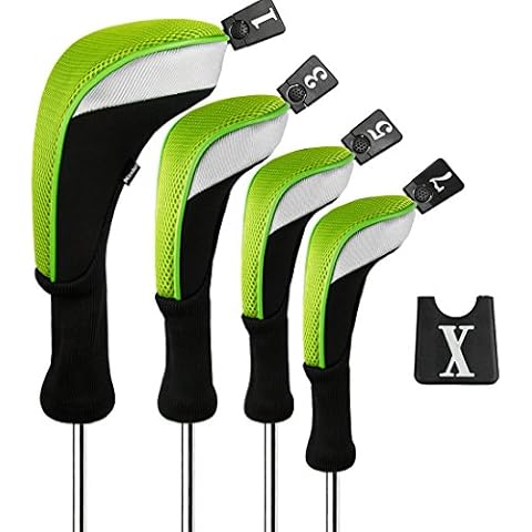 Andux 4pcs/Set Golf 460cc Driver Wood Club Head Covers Long Neck with Replaceable No. Tags Black/Green Cover