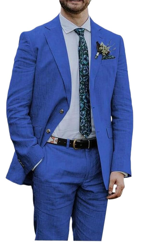 Botong Men's Royal Blue Linen Suit For 2 Pc Notch Lapel Summer Wedding Tuxedos Lightweight Prom Party Suit 42 Chest / 36 Waist