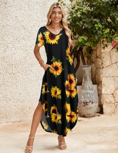 Image of JollieLovin Womens Plus Size Casual Summer Maxi Long Dress Short Sleeve T-Shirt Loose Sun Dress(L-5X)