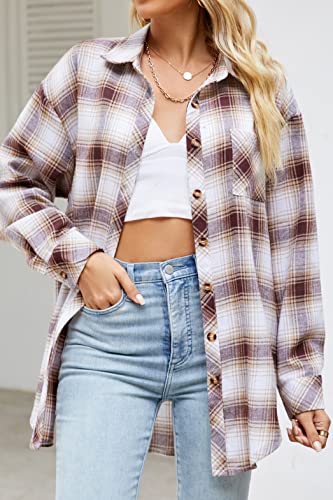 Image of CHYRII Womens Button Down Flannel Shirts Long Sleeve Plaid Shackets Business Casual Blouse Top